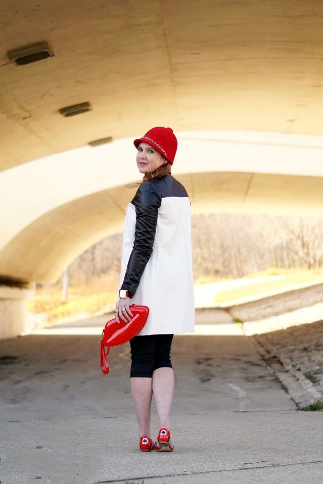 Winnipeg Style Mod inspired 60s outfit fall 2015, Danier Leather mod black white coat, INC International Concepts tunic, Vedette Shapewear Stephanie shaper, Kate Spade race car racer flats, Aldo red lip kiss clutch, Giovannio New York red wool retro hat